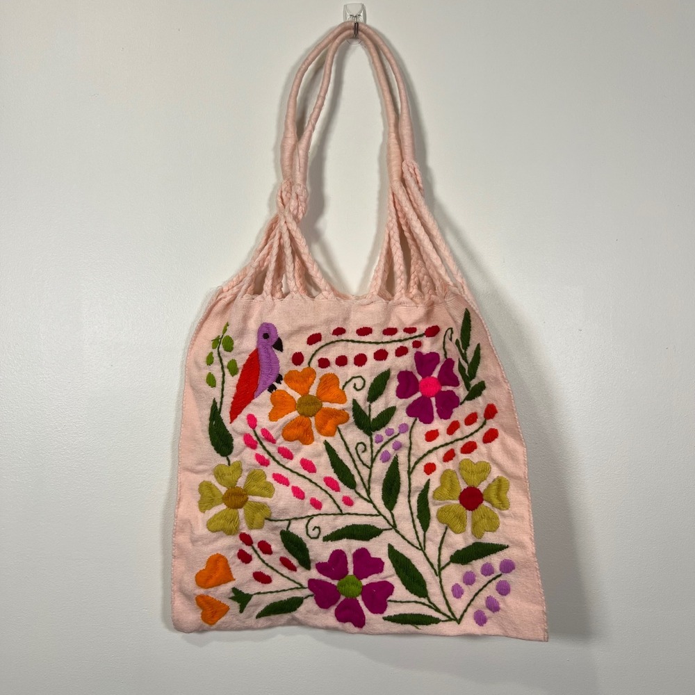 Unbranded Womens Mexican Floral Embroidered Tote Bag Boho Folk Art Pink OS